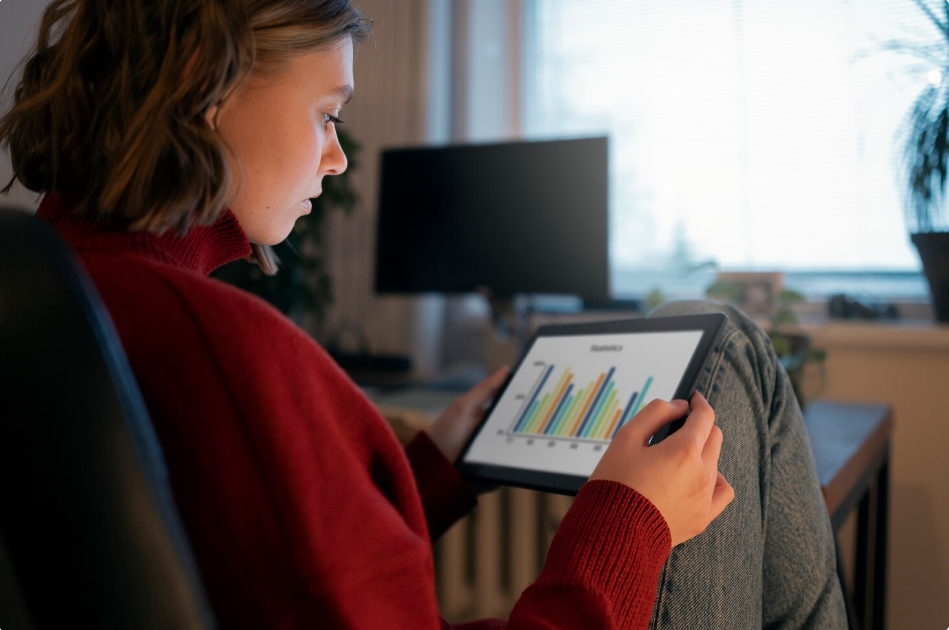a content creator reviewing analytics at home.