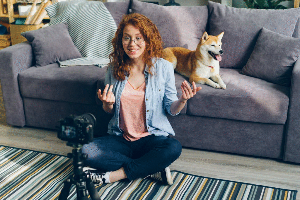 a woman recording a video.