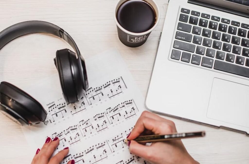 This image shows a woman with music note, headphone, coffee cup and a laptop.