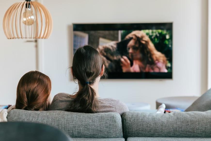 Back of two people sitting on a couch and watching TV